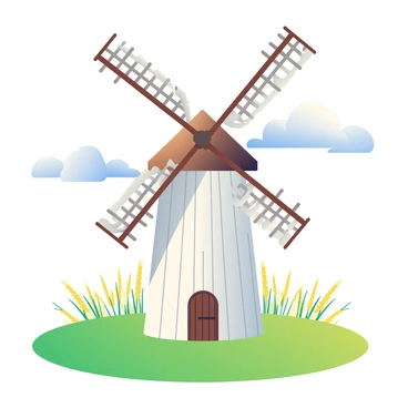 A traditional windmill with a white wooden body and four large, weathered blades is standing majestically in the center of a vibrant green field. The windmill features a conical thatched roof and a wooden door at its base. Surrounding the windmill, a field of tall golden wheat sways gently in the breeze. In the background, a clear blue sky is dotted with a few fluffy white clouds. The sun casts soft shadows, emphasizing the structure's height and the lushness of the landscape.