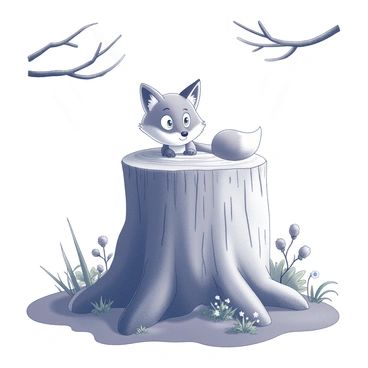 A curious fox face peeking out from the top of a tree stump. The stump is textured with bark, showing the rings of growth. Around the stump, there are various plants and foliage, including leafy green grass and small wildflowers. The fox has bright eyes and pointed ears, giving it an inquisitive expression. Sunlight filters through the branches above, creating dappled shadows on the ground around the stump.
