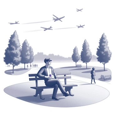 A pilot taking a break in a park, planes visible in the sky overhead
