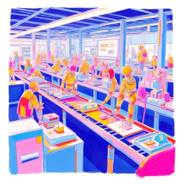 A bustling robot factory set with conveyor belts, mechanical arms, and assembly lines of gadgets