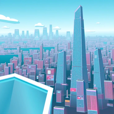 A high-angle view from the top of a modern skyscraper, showcasing a sprawling metropolis below. The scene includes intricate arrangements of various buildings, from sleek glass towers to older brick structures. The skyline is dotted with vibrant billboards and flashing lights, reflecting the city's bustling energy. In the foreground, the edge of the skyscraper's observation deck is visible, with safety glass panels. The sky is clear with a few scattered clouds, creating a bright and expansive atmosphere.