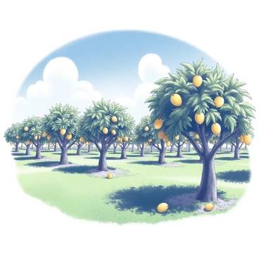 A tropical orchard features several rows of mango trees, each adorned with clusters of ripe mangoes. The trees have thick trunks and lush green foliage that creates a dense canopy. The ground is covered with vibrant green grass and occasional fallen mangoes. In the background, a bright blue sky stretches overhead, dotted with a few fluffy white clouds. The sunlight filters through the leaves, casting intricate shadows on the ground.