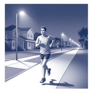 A runner in motion, wearing athletic clothing and running shoes, jogs along a sidewalk. The street is lined with houses, each displaying white light from streetlamps that cast shadows along the path. The runner's face shows determination, and their arm swings rhythmically with each stride. The quiet neighborhood is empty, with a few trees standing silently in the background. The night sky is deep and dark, enhancing the glow of the streetlights around.