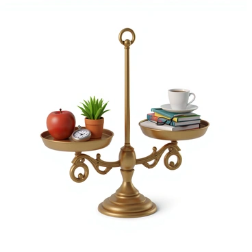 A pair of antique brass scales with intricate designs on the arms and base. The left side of the scale holds a shiny red apple, a silver pocket watch, and a small potted plant with vibrant green leaves. The right side of the scale has a stack of colorful books, a coffee cup, and a pair of reading glasses resting atop a notepad. The background is softly illuminated, highlighting the details of the scales and the objects they hold.