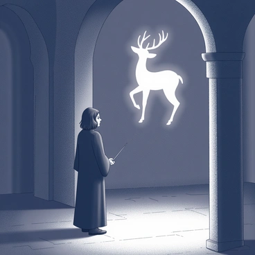 A dark room with minimal light. In the center stands a figure dressed in a long, flowing black robe, facing slightly to the side. This figure has shoulder-length black hair and an intense expression, focusing intently. The figure's wand is raised, and a bright, glowing Patronus takes shape. The Patronus is a majestic doe, shimmering with ethereal light, creating a stark contrast against the darkness of the room. The doe appears graceful and powerful, as if ready to move. Shadows dance around the walls, accentuating the figure and the glowing Patronus in this mysterious setting.