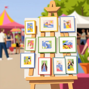 A close-up view of an easel holding a collection of beautifully framed illustrations. The illustrations feature vibrant colors and intricate designs, showcasing various themes such as landscapes, animals, and abstract patterns. The wooden easel is set against a blurred background of a bustling fair, with colorful tents and visitors partially visible. Sunlight casts gentle shadows on the frames, highlighting their ornate details. The illustrations reflect a sense of creativity and craftsmanship, drawing the viewer's attention.