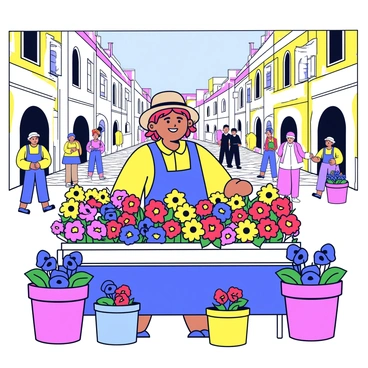 A medieval flower seller stands behind a colorful stall filled with a variety of vibrant flowers. The stall is adorned with blooming bouquets of red roses, yellow daisies, and blue violets. The seller wears a simple tunic and a straw hat, smiling as they engage with passersby. In the background, cobblestone streets and medieval buildings frame the bustling town square, with townsfolk walking by and admiring the flowers. Brightly colored flower pots are placed around the stall, adding to the lively atmosphere.