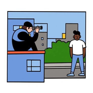 An FBI agent with light skin and short dark hair is crouched down on the balcony of a nearby building, intently observing a suspect through a pair of binoculars. The agent is wearing a navy blue tactical vest over a black long-sleeve shirt and black pants. The binoculars are focused on a dark-haired man wearing a white t-shirt and jeans, who is standing on a sidewalk below, appearing unaware of being watched. The background features neighboring buildings and a clear blue sky, adding to the urban setting of the scene.