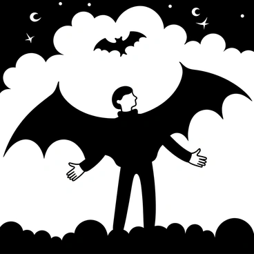 A figure resembling "Nosferatu" stands in a dramatic pose, with outstretched arms as it begins to transform into a bat. The scene is set against a "cloudy night sky" filled with swirling clouds. The silhouette of the bat emerges from the figure, with its wings expanding, capturing the moment of transformation. Below, the ground is covered in dark, shadowy shapes, adding depth to the scene. The overall composition emphasizes the contrast between the figure and the dark sky above.