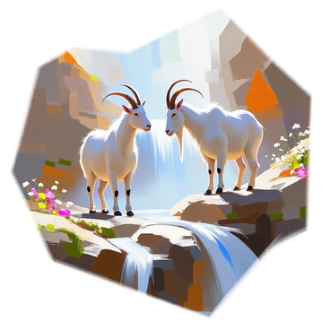A mountain goat with a thick white coat and curved horns is standing at the edge of a rocky ledge, overlooking a rushing waterfall. The water cascades down the rocks, creating a mist that lightly envelops the goat's legs. The goat's posture is alert, with one hoof slightly raised, as it carefully assesses the terrain below. Surrounding the waterfall are rugged cliffs dotted with patches of green moss and small wildflowers, adding color to the natural scene. The sun is shining, casting reflections on the water's surface, while the sound of the rushing water fills the air.