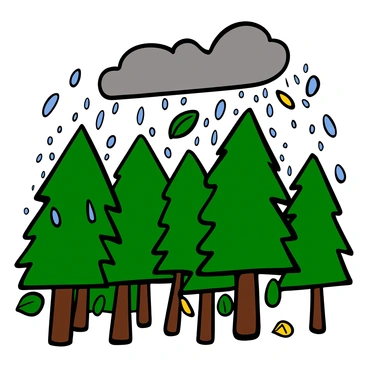 A dense forest filled with tall green trees swaying under the force of strong winds. Raindrops are visibly pouring down, creating splashes on the ground and soaking the foliage. The sky is dark and cloudy, emphasizing the intensity of the storm. Some branches are bending significantly, and there are leaves being carried away by the wind, showcasing the chaotic movement of nature during the storm.