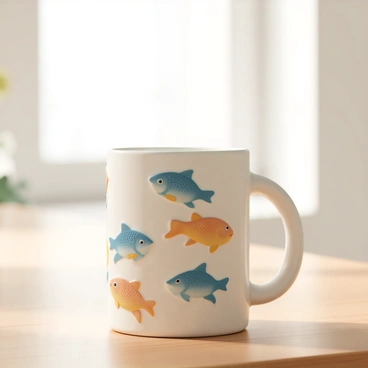 A ceramic mug, featuring a glossy finish, stands upright on a wooden table. The mug has a painted design of colorful fish swimming around it, with vibrant hues of blue, orange, and yellow. Each fish is detailed, showing individual scales and flowing fins. The handle of the mug is elegantly curved, complementing the overall round shape of the mug. Natural light reflects off the surface, highlighting the intricate artwork and creating soft shadows on the table.