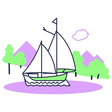 A wooden sailboat with tall masts is sailing across a lake. The boat has white sails that are fully extended, catching a gentle breeze. The lake's surface is calm and reflects the sky above. In the background, there are distant mountains that frame the scene. The shoreline is lined with trees, creating a natural border around the water.