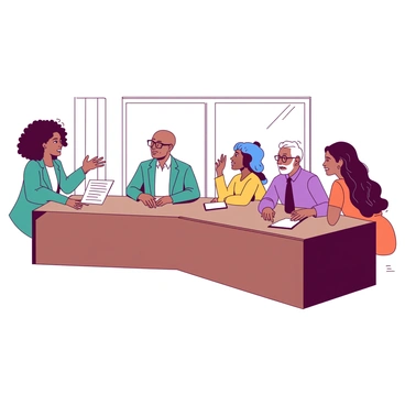A panel of five speakers is arranged around a long, rectangular table. Each speaker has a unique appearance reflecting their diverse social backgrounds. The first speaker, a woman with curly brown hair, is wearing a teal blazer and is gesturing emphatically as she speaks. Next to her, a man with a shaved head and a white shirt is listening intently, taking notes on a white pad. Another speaker, a person with vibrant blue hair wearing a yellow sweater, is smiling and raising their hand to contribute. The fourth speaker, an older gentleman with glasses and a purple tie, is leaning forward, showing interest in the discussion. Finally, a young woman with long black hair in an orange dress is seated at the end of the table, actively engaging with the audience. Behind them, a large window lets in natural light, illuminating the room filled with attentive listeners.