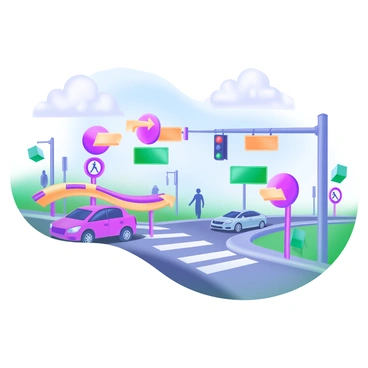 A modern pastel illustration depicting a busy intersection filled with various road signs. The signs, each painted in bright colors, are pointing in conflicting directions, including arrows for left, right, and straight ahead. In the background, there are cars waiting at a red traffic light and pedestrians crossing the street. Additionally, a blue sky is visible with fluffy white clouds.