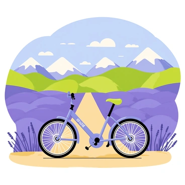 A recumbent bike with a sleek design is positioned on a dirt path, surrounded by vast fields of vibrant purple lavender. In the background, there are rolling green hills leading up to majestic mountains, their peaks capped with white snow. The sky is a bright blue with fluffy white clouds scattered throughout, enhancing the beauty of the landscape. The sunlight casts gentle shadows on the lavender, creating a lively atmosphere. The bike has detailed features such as comfortable seating and stylish wheels, contributing to the overall scene of tranquility and adventure.