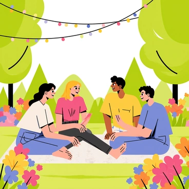 A group of four friends is gathered in a lush garden filled with vibrant, blooming flowers of various colors. The friends are sitting on a picnic blanket spread on the grass, enjoying each other's company. Above them, strings of glowing fairy lights are draped between trees, adding a warm, cheerful ambiance to the scene. In the background, there are towering green trees and colorful flower beds that enhance the lively atmosphere of the gathering. Each friend is engaged in conversation, with smiles on their faces, surrounded by nature's beauty.