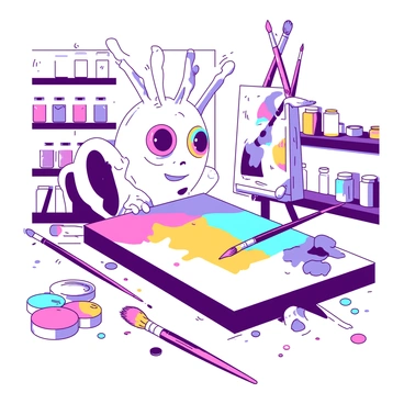 A white beholder with large, colorful eyes is floating in an art studio, surrounded by various art supplies. The beholder is using multiple brushes to paint a vibrant canvas, with strokes of different colors appearing on the surface. There are splatters of paint around the studio, indicating a busy creative atmosphere. The beholder's many eye stalks are positioned above the canvas, each holding a different brush dipped in a unique color. In the background, there are shelves lined with jars of paint and an easel supporting the colorful artwork.