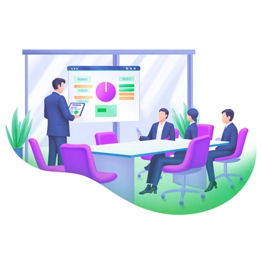 A modern boardroom with a long, sleek table surrounded by several high-backed chairs. A business professional stands at one end of the table, holding a digital tablet. The professional is wearing a tailored navy suit and is facing a small group of executives seated around the table. The executives are dressed in business attire, engaged in the presentation. A large screen behind the presenter displays a colorful pie chart and key bullet points related to the proposal. Large windows provide natural light, and there are indoor plants in the corners of the room.