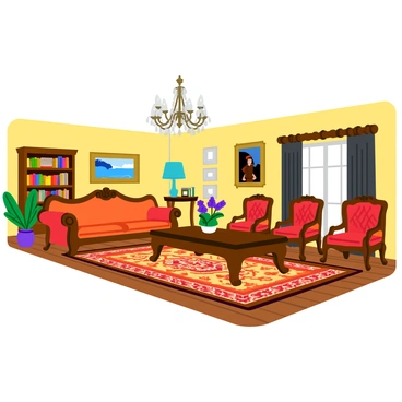 A living room filled with elegant antique furniture, including a carved wooden sofa and intricately designed armchairs adorned with floral upholstery. In the center of the room, a large, ornate patterned rug features rich colors and geometric designs, providing a warm contrast to the wooden floor. Against one wall, a vintage bookshelf displays an array of old books and decorative items, while a grand chandelier hangs from the ceiling, casting a soft glow throughout the space. A classic coffee table, made of polished mahogany, sits before the sofa, topped with a small vase of fresh flowers. The walls are lined with vintage art pieces, adding character and charm to the room.
