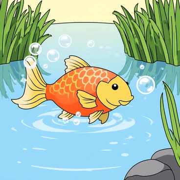 A colorful fish with vibrant scales is dancing joyfully among a cluster of bubbles in a clear, tranquil pond. The fish has a long, flowing tail that sways gracefully as it moves through the water. The bubbles are various sizes and reflect light as they ascend towards the surface. The pond is surrounded by lush green plants and reeds, providing a natural habitat. Sunlight filters through the water, creating gentle ripples and illuminating the scene.