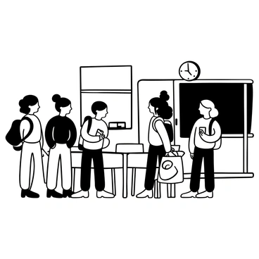 A row of students standing quietly in a neat line at a classroom door. The students are carrying backpacks, and some are holding notebooks. The classroom has desks arranged in rows, and a chalkboard is visible in the background. A clock on the wall indicates the time. Sunlight shines through a window, casting shadows on the floor.