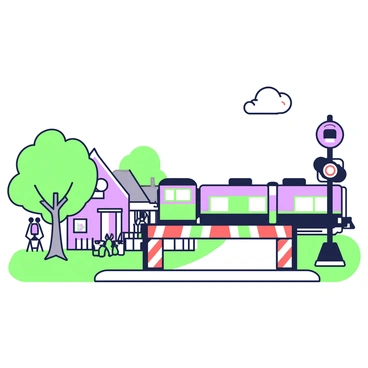 A small community is situated near a railway crossing gate. The foreground features a railway crossing gate that is lowered, signaling the approach of a train. The gate has a bright design with warning lights flashing. A train is passing by, its cars displaying various colors and patterns. To the left, there are two small houses with porches, and a tree is visible nearby, providing shade. On the right side, a few people are gathered, watching the train as it goes by, some waving. In the background, a clear sky is present above the scene.