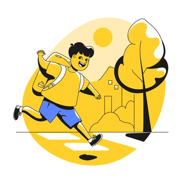 A child with short hair wearing a bright yellow t-shirt and blue shorts is skipping joyfully down a street. The child carries a backpack that is decorated with various shapes and patterns in yellow and has straps that sit comfortably on their shoulders. The street is lined with trees and houses, and the sun is shining down, casting playful shadows on the pavement. The child’s feet are mid-air, showcasing a sense of energetic movement toward their destination.