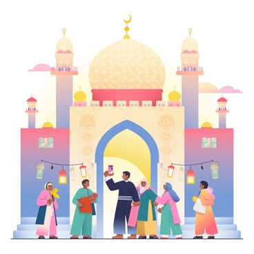A mosque with intricate architecture is prominently featured, its dome and minarets illuminated by the warm hues of a setting sun. The building's walls are adorned with ornate patterns and calligraphy. Soft golden light reflects off the surfaces, creating a shimmering effect. In the foreground, several people in traditional clothing are gathered, some are exchanging greetings while others are taking photographs. Colorful lanterns hang from the mosque's entrance, adding to the festive atmosphere of Eid evening. The sky is a blend of oranges, pinks, and purples, enhancing the overall warmth of the scene.