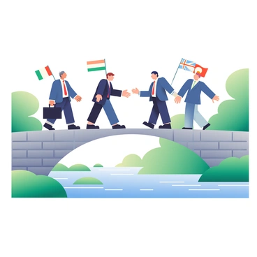 A group of diplomats is walking across a bridge made of stone, which extends over a river filled with colorful flags. The diplomats are dressed in formal attire, with a mix of dark suits and bright ties. Each diplomat carries a briefcase in one hand while extending the other hand towards each other as they approach the meeting point in the middle of the bridge. The river beneath them is flowing gently, and the flags are in various shades, representing different nations, creating a vibrant scene that symbolizes unity and cooperation. There are trees lining the banks of the river, providing a lush green backdrop to the bridge and the diplomats.