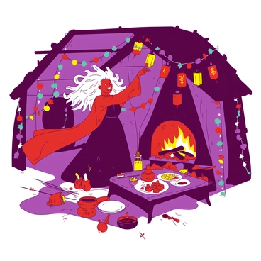 A red Baba Yaga with wild white hair is dancing joyfully inside her hut. She is wearing a long, flowing dark purple dress adorned with bright yellow patterns. The interior of the hut is filled with colorful decorations, including vibrant streamers and colorful paper lanterns hanging from the ceiling. A wooden table is set with an array of delicious food, and musical instruments are scattered around. The sound of cheerful music fills the air as Baba Yaga celebrates, surrounded by small, joyous creatures joining in the festivities. The warm light from a fireplace illuminates the scene, creating a welcoming atmosphere.