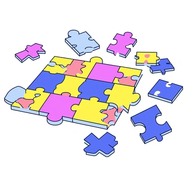 A colorful jigsaw puzzle with various pieces in bright hues scattered across a flat surface. Some pieces are turned upside down, displaying their plain cardboard backs, while others are incorrectly placed among the puzzle's vibrant imagery. The pieces vary in shape and size, creating a chaotic yet engaging scene.