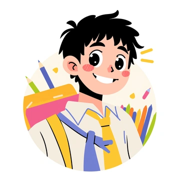 A portrait of a mischievous student with a playful smile. The student has bright, sparkling eyes that convey a sense of fun and adventure. They have messy hair, slightly tousled, adding to their spirited appearance. The student is wearing a colorful school uniform that features a tie loosely knotted at the collar. The background is filled with school-related items such as books, pencils, and an open backpack, enhancing the academic setting.