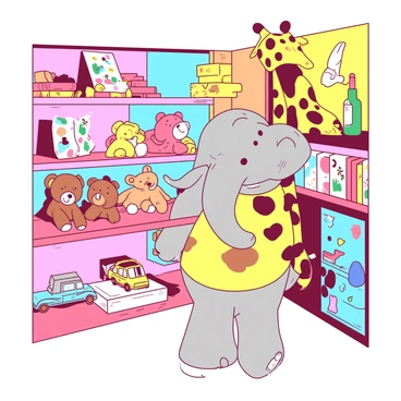 Babar, the elephant, is standing in a bright and cheerful toy store. He is looking around curiously at the shelves filled with an array of stuffed animals in various shapes and sizes. There are vibrant, plush teddy bears, colorful rabbits, and fluffy lions all around him. On another shelf, there are beautifully crafted wooden toys, including cars and puzzles. The walls of the store are painted in a mix of colors, creating a lively atmosphere. Babar is smiling as he inspects a particularly large stuffed giraffe, his trunk reaching out to touch it.