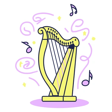 A golden harp is positioned in the center of a softly lit room. The harp appears intricately designed with elegant curves and embellishments, reflecting light in various directions. Each string seems to vibrate independently, producing an ethereal quality as if it is playing itself. Surrounding the harp, wisps of melodic notes float through the air, their forms resembling gentle swirls as they drift upwards. Soft shadows are cast on the floor, enhancing the enchanting atmosphere created by the magical sounds emanating from the harp.