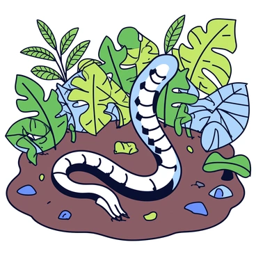 A snake skeleton partially buried in the ground, with its elongated vertebrae clearly visible. The skeleton is surrounded by dense jungle foliage, including large green leaves and vibrant ferns. Twisting vines weave through the scene, adding complexity to the natural environment. The ground is covered with rich, dark soil, and small pebbles can be seen scattered around the skeleton. Light filters through the canopy above, creating a dappled effect on the foliage.