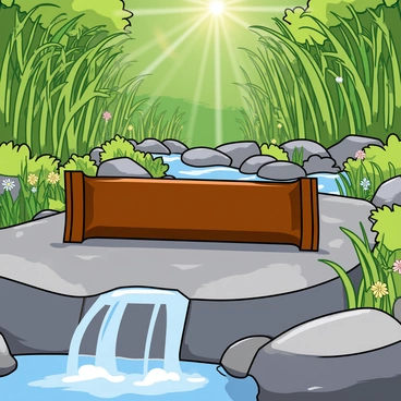 A Snickers bar placed on a rock near a bubbling brook surrounded by greenery.