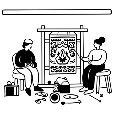 Artisans sitting around a large, traditional loom, engaged in the process of weaving a detailed tapestry. One artisan is carefully threading colorful strands, while another is adjusting the tension of the fabric. Different spools of thread are neatly arranged on a nearby table, reflecting intricate patterns and designs. The loom itself displays the partially completed tapestry, showcasing rich textures and elaborate motifs. Various tools used for weaving are scattered around, and the room has wooden beams supporting a rustic atmosphere.