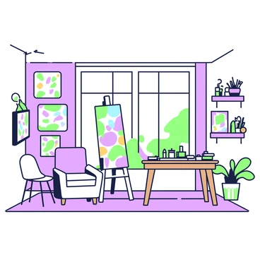 An art studio is filled with various paintings and drawings. The walls are adorned with a collection of vibrant artworks, showcasing a range of styles and subjects. In the center of the room, there is a large easel holding a canvas featuring a colorful abstract painting. Nearby, a wooden table displays an assortment of brushes, palette knives, and tubes of paint scattered across it. A comfortable chair is positioned in one corner, while a small shelf holds additional completed artworks, framed and ready for display. Light floods the studio through large windows, emphasizing the creativity that fills the space.