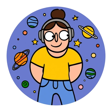 A person with light skin and big eyes wearing oversized headphones. Their hair is styled in a way that complements the headphones. Surrounding them is a colorful galaxy with bright stars and planets floating in various sizes and colors. The person is smiling, and they are wearing a casual t-shirt and jeans, adding to the relaxed vibe of the scene. The galaxies and celestial bodies create a vibrant backdrop, enhancing the magical feeling of the moment.