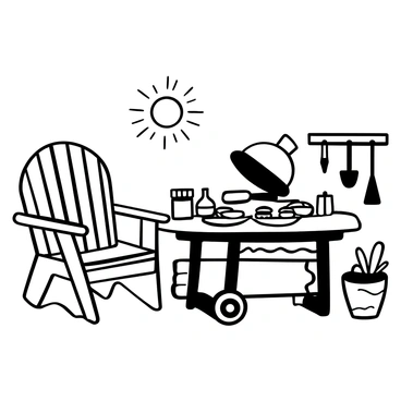 An Adirondack chair near a barbecue grill, ready for a summer cookout.