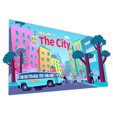 A vibrant street art mural displaying a lively urban scene filled with exaggerated proportions. The mural features oversized buildings with whimsical designs, each painted in bright colors like pink, yellow, and blue. There are playful details such as giant flowers sprouting from windows and fantastical creatures interacting with the surroundings. The street is bustling with people, depicted in dynamic poses, showcasing diverse clothing styles. A colorful bus is depicted driving down the street, surrounded by oversized trees with unusual shapes and vibrant foliage. "Welcome to the City" is boldly painted in vibrant letters at the top of the mural, enhancing the cheerful atmosphere.