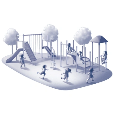 A school playground with various play equipment, including swings, slides, and climbing structures. Several children of different races are engaged in play. One child is on a swing, while another is climbing a jungle gym. A group of children is playing a game of tag in an open area, laughing and running. There are trees surrounding the playground, providing shade. The scene conveys a sense of joy and camaraderie among the children.