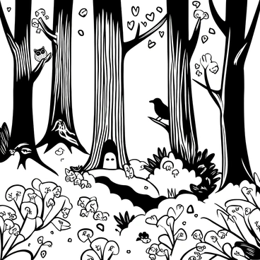 A dense forest filled with towering trees that stretch high into the sky, their trunks thick and gnarled. Various hidden creatures peek out from behind the trees and underbrush, including a small fox hiding in the foliage and a wise owl perched on a branch. The forest floor is covered with a thick layer of leaves and scattered mushrooms. Intricate details of the bark texture and foliage are visible, showcasing the natural beauty of the environment.