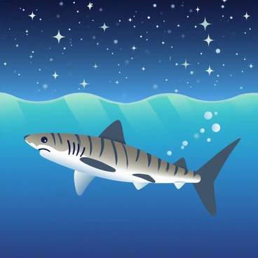 A tiger shark with distinctive vertical stripes is swimming gracefully beneath a clear, starry sky. The water is illuminated by glowing bioluminescent plankton, creating a soft, blue-green light that reflects off the shark's sleek body. The shark's fins are spread wide as it glides through the water, and small bubbles trail behind it, adding to the underwater scene. Above, the night sky is filled with countless bright stars, twinkling like diamonds against the deep blue backdrop.