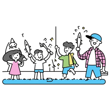 A family of four is gathered at the edge of a lake, showcasing their pike catches. The father, wearing a blue cap and a red plaid shirt, is holding up a large pike with a wide smile on his face. Next to him, the mother, dressed in a white t-shirt and denim shorts, is pointing to her smaller pike with excitement. Two children, a boy and a girl, are also holding their catches. The boy, wearing a green t-shirt and a fishing vest, grins as he lifts his pike, while the girl, in a pink dress, poses playfully with her own fish. The lake reflects the trees surrounding it, and the sky above is clear.