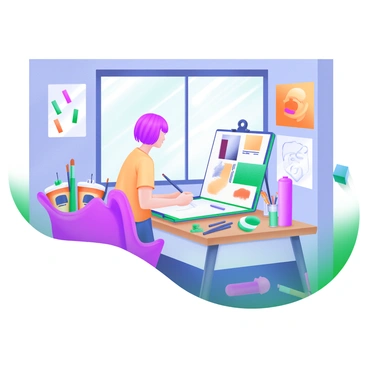 A modern pastel illustration depicting a commercial illustration artist sitting at a large desk in a bright, colorful studio. The artist has short, vibrant hair and is focused on creating a piece of art on a sketchpad. The studio is filled with various art supplies such as paint tubes, brushes, and markers scattered around the workspace. On the walls, there are sketches and colorful posters, showcasing the artist's work. A large window allows sunlight to pour into the room, illuminating the creative environment.