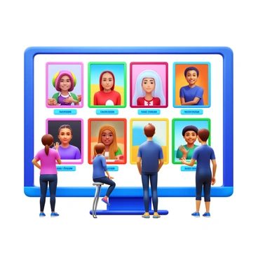 A digital platform displaying an online illustration competition. Several student artworks are showcased in vibrant frames, featuring diverse styles and themes. Each artwork is labeled with the artist's name, and the layout is visually engaging, with a variety of colors and compositions. Students are depicted interacting with the platform, some viewing artworks while others are focused on their own submissions. The interface of the competition includes options for voting and commenting.