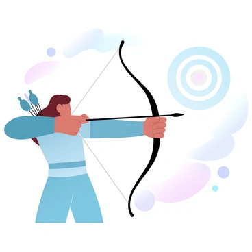 An archer stands with a focused posture, pulling back the bowstring with a steady hand. The archer's body is slightly turned, showcasing a quiver of arrows on their back. A bow is elegantly shaped, with the string taut, emphasizing the tension in the moment. In the distance, a target is visible, with concentric circles marked on it. The background features a soft gradient of pastel colors that blend seamlessly, adding depth to the scene.