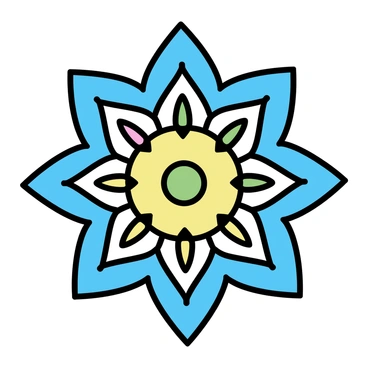 A mandala with multiple layers of intricate geometric shapes, featuring a circular design. The shapes include triangles, circles, and squares, arranged in a symmetrical pattern radiating from the center. The colors of the mandala are vibrant, including shades of blue, red, yellow, and green, enhancing the details of the shapes. The edges of the shapes are clearly defined, creating a striking contrast against the surrounding space.